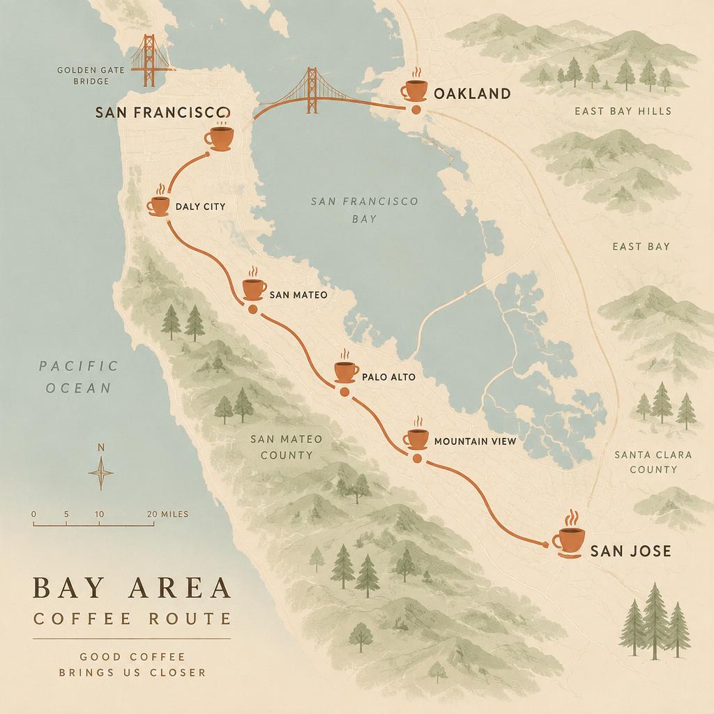 Illustrated map of Bay Area coffee delivery routes